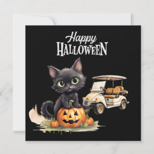 Golfwagen mit schwarzer Katze für den Halloween-Ta Feiertagskarte