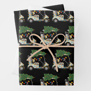 Golfwagen Weihnachtsbaum Lichter Xmas Sport Golfer Geschenkpapier Set