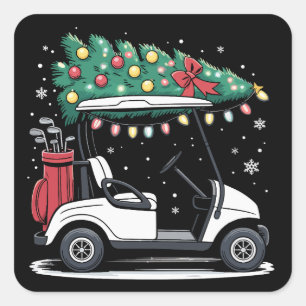 Golfwagen-Weihnachtsbaumlichter Xmas-Sport-Golfer Quadratischer Aufkleber