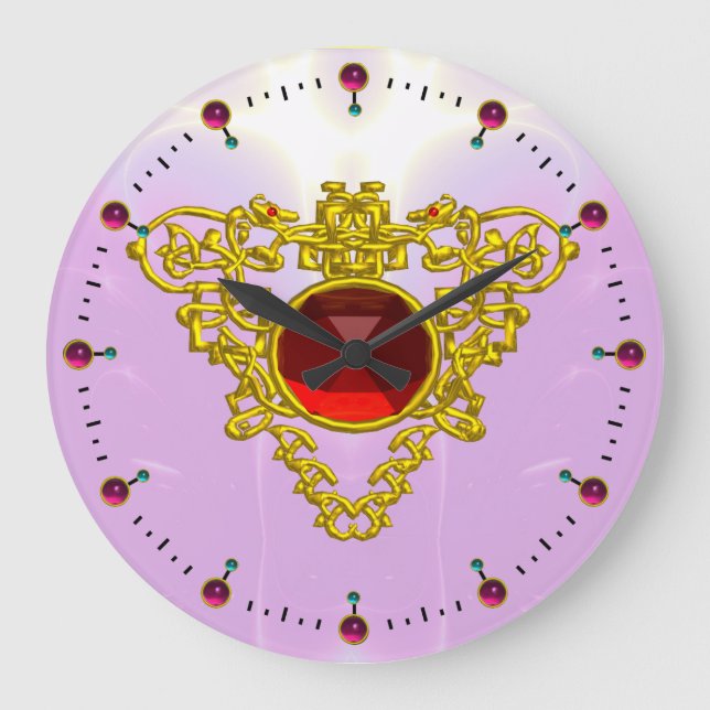 GOLTE ZELLTISCHE HERZ MIT ROTER RUBY, Schwarz Große Wanduhr (Vorderseite)