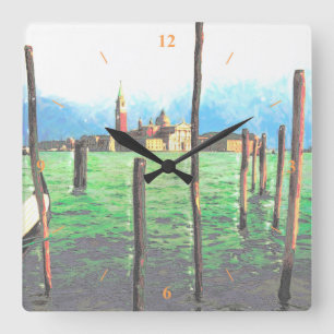 Gondelbahnen in Venedig Quadratische Wanduhr