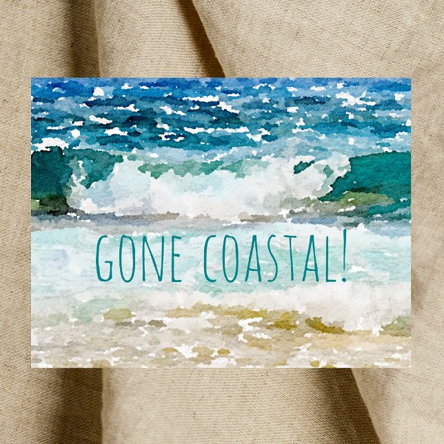 Gone Coast New Zuhause Wave on Beach Wasserfarbe Ankündigungspostkarte (Von Creator hochgeladen)