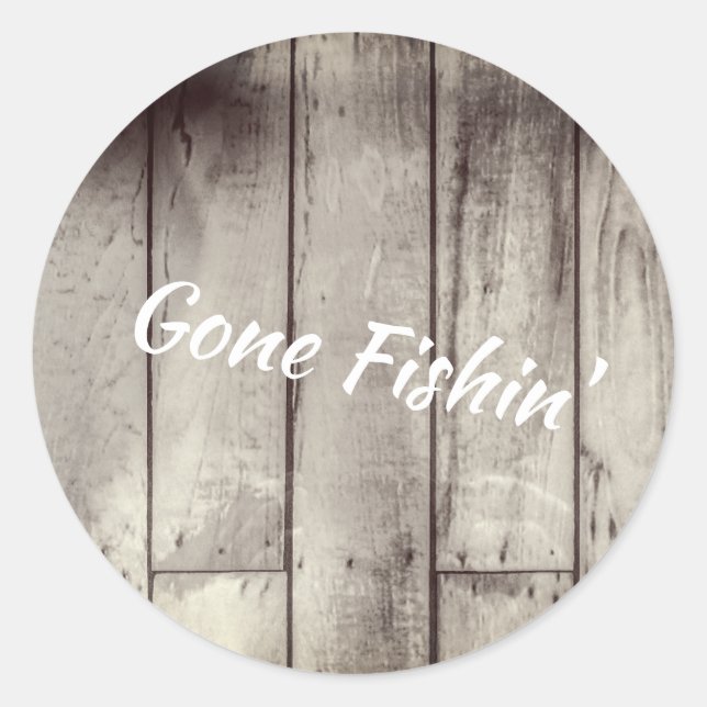 Gone Fishin' Holzplanken Runder Aufkleber (Vorderseite)