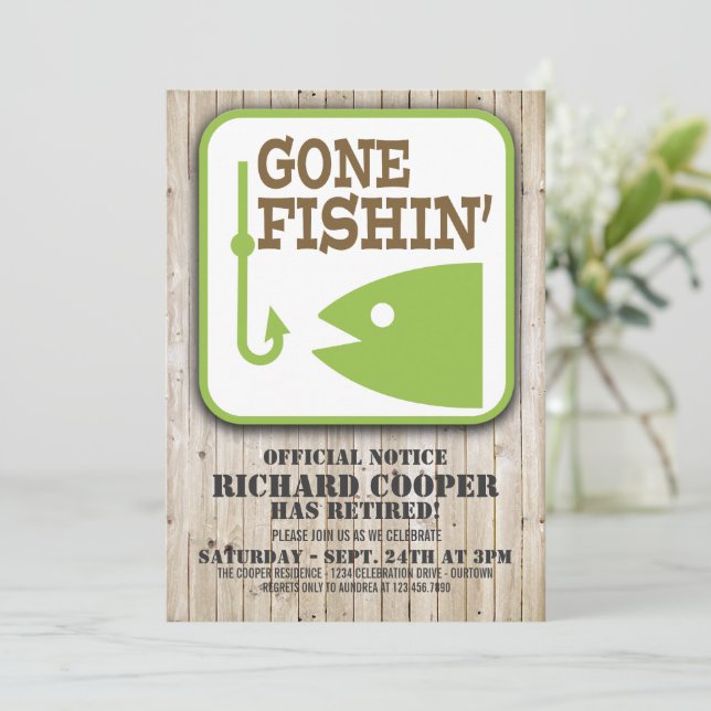 Gone Fishin' Renten-Party Einladung (Stehend Vorderseite)
