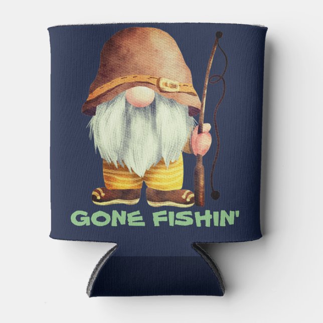 Gone Fishin' Vintager Retro-Gnome mit Angelpol Dosenkühler (Vorderseite)