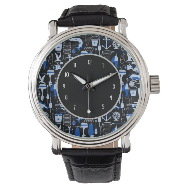 Gone Fishing Blue Pattern Armbanduhr (Vorderseite)