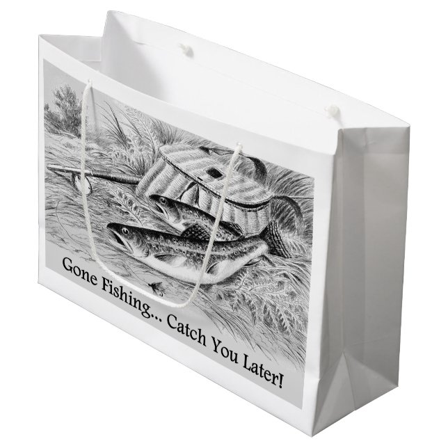 Gone Fishing Catch Sie Später populäres Design Große Geschenktüte (Vorderseite Schrägansicht)