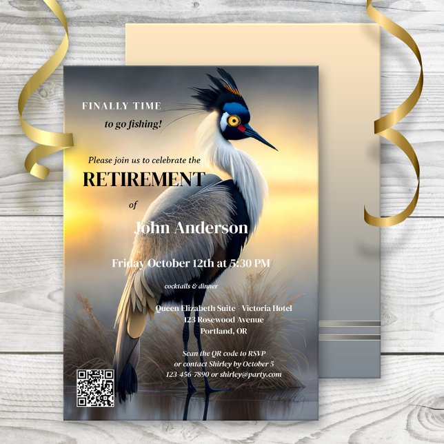 Gone Fishing Egret Art Retirement Party Einladung (Retirement party invitation featuring a painting of an egret. Gone fishing or a new adventure)