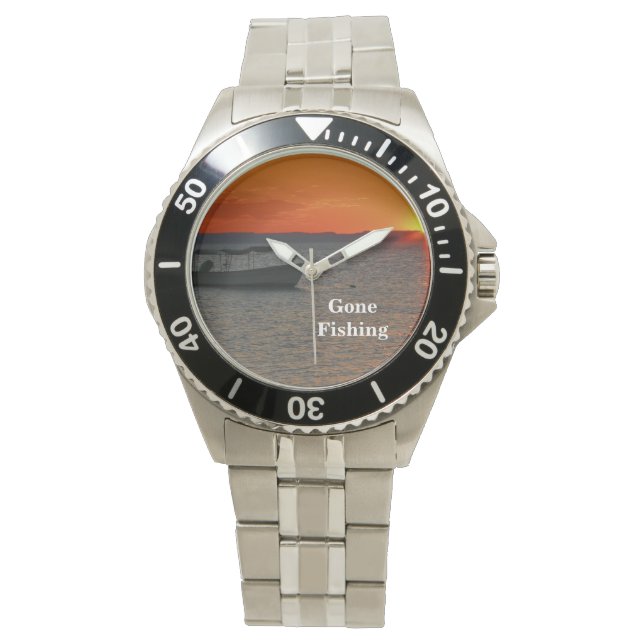 Gone Fishing, Fischerboot, Edelstahl Handgelenk Armbanduhr (Vorderseite)