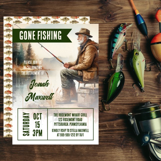 Gone Fishing Fisherman Scene Retirement Party Einladung ("Gone Fishing" Fisherman Scene Retirement Party Invitation)