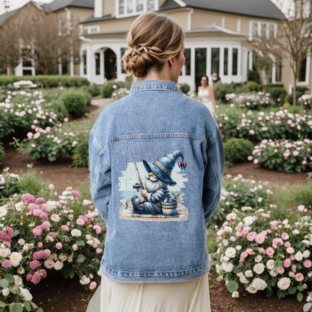 Gone Fishing Gnome Women's Denim Jacket Jeansjacke (Hochzeit Rückseite)