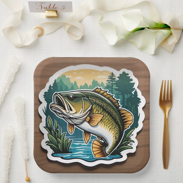 Gone Fishing Large Mouth Bass Fish on Wood Pappteller (Hochzeit)