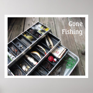 "Gone Fishing" Offener Köderkasten auf dem Dock Poster