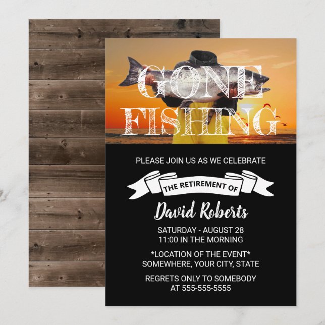 Gone Fishing Sunset Beach Retirement Party Einladung (Vorne/Hinten)