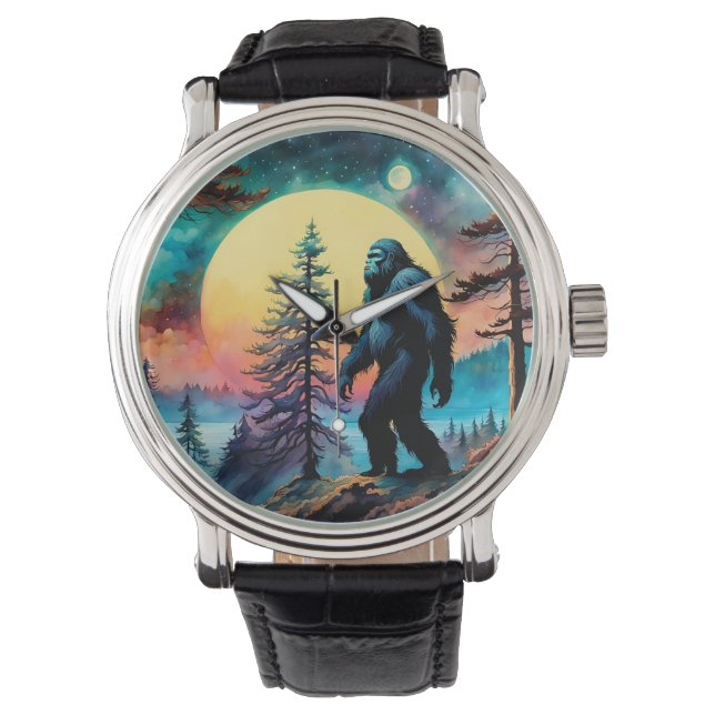 Gone Squatchin' farbenfrohe Sasquatch Landschaft Armbanduhr (Vorderseite)