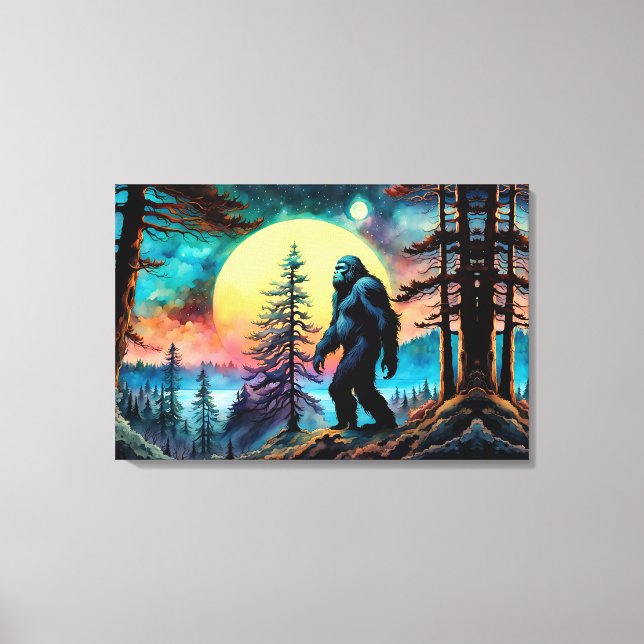 Gone Squatchin' farbenfrohe Sasquatch Landschaft Leinwanddruck (Vorderseite)