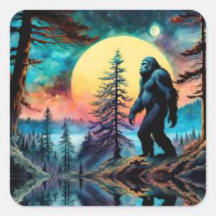 Gone Squatchin' farbenfrohe Sasquatch Landschaft Quadratischer Aufkleber