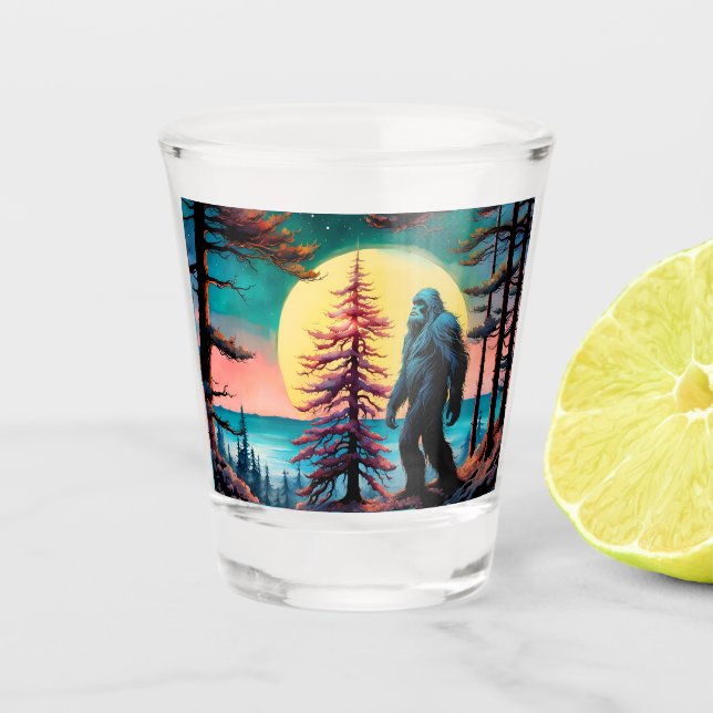 Gone Squatchin' farbenfrohe Sasquatch Landschaft Schnapsglas (Vorderseite)