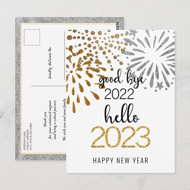 Good Bye 2022 Hello 2023 Business Festive Firework Postkarte (Vorne/Hinten)
