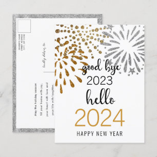 Good Bye 2023 Hallo 2024 Festive Fireworks Gold Feiertagspostkarte