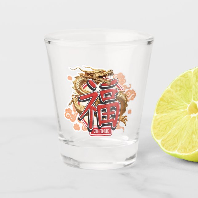 "Good Fortune" Chinesischer Drache und Luck-Symbol Schnapsglas (Vorderseite)