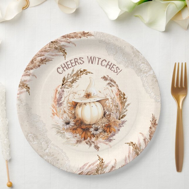 Good Hexe Halloween Brautparty Party Pappteller (Good Witch Pumpkin in Boho style Paper Plates)