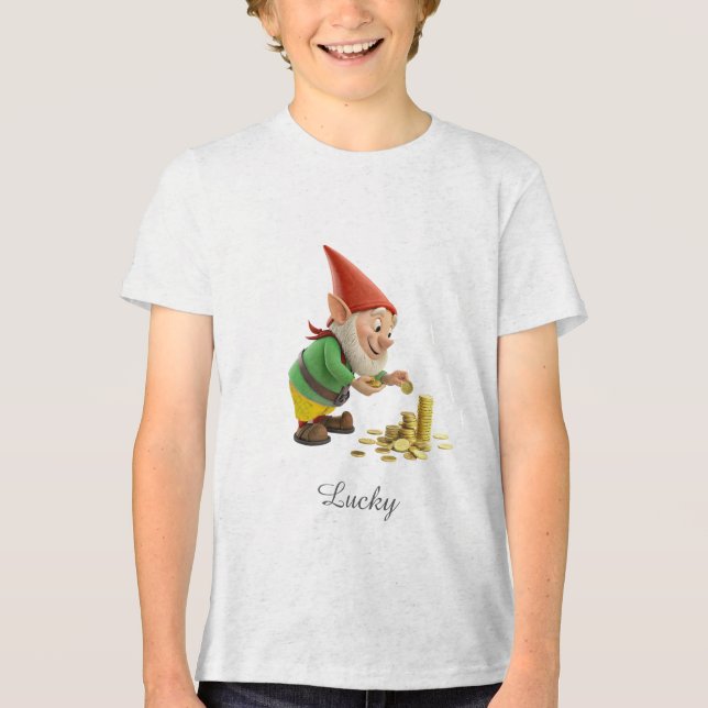 Good Luck Gnome with Gold Coins and Script Tri-Blend Shirt (Vorderseite)