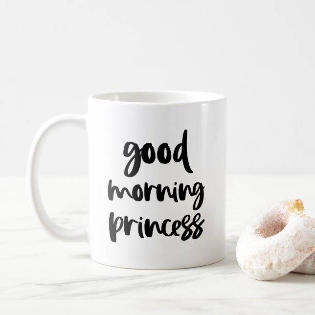 Good Morning Princess Black Modern Typografy Tasse (Mit Donut)