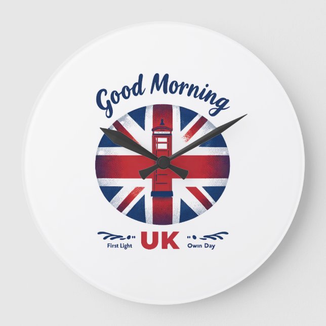 Good Morning UK - Union Jack & London Phone Box Große Wanduhr (Vorderseite)