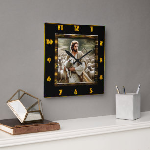 Good Shepherd John 10:7 Friedlich Shepherd Scene Quadratische Wanduhr