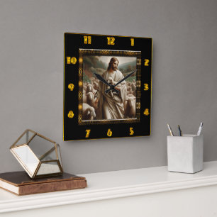 Good Shepherd John 10:7 Mitfühlender Hirte Quadratische Wanduhr