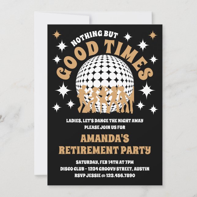 Good Times Groovy Black Retirement Party Foto Einladung (Vorderseite)