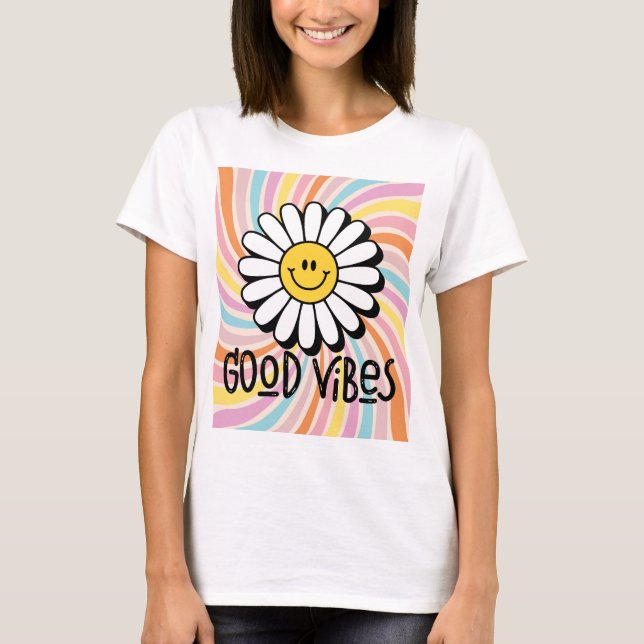 Good Vibes com Flor Sorridente Estampa Psicodélico T-Shirt (Vorderseite)