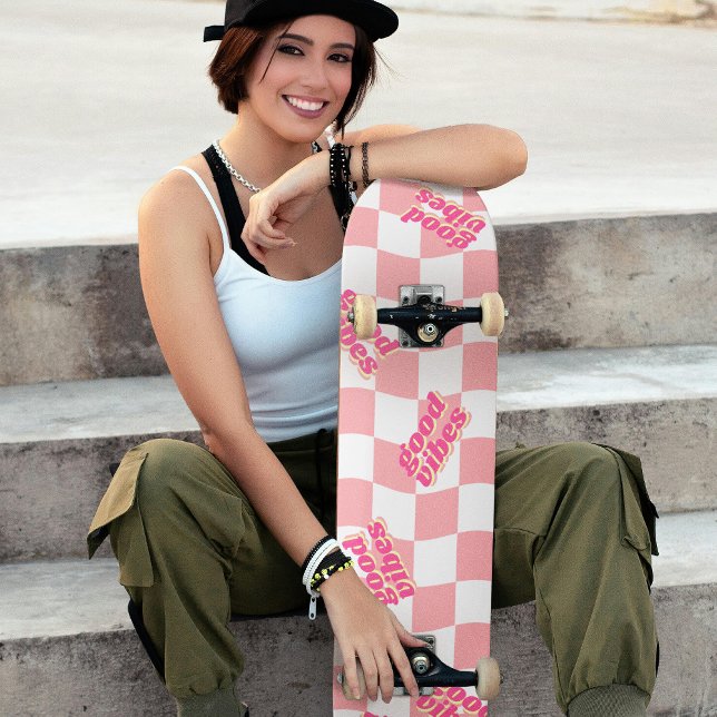 Good Vibes Girly Pastel Pink White Checked Skateboard (Good Vibes Girly Pastel Pink White Checkered Skateboard)