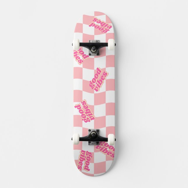 Good Vibes Girly Pastel Pink White Checked Skateboard (Vorderseite)