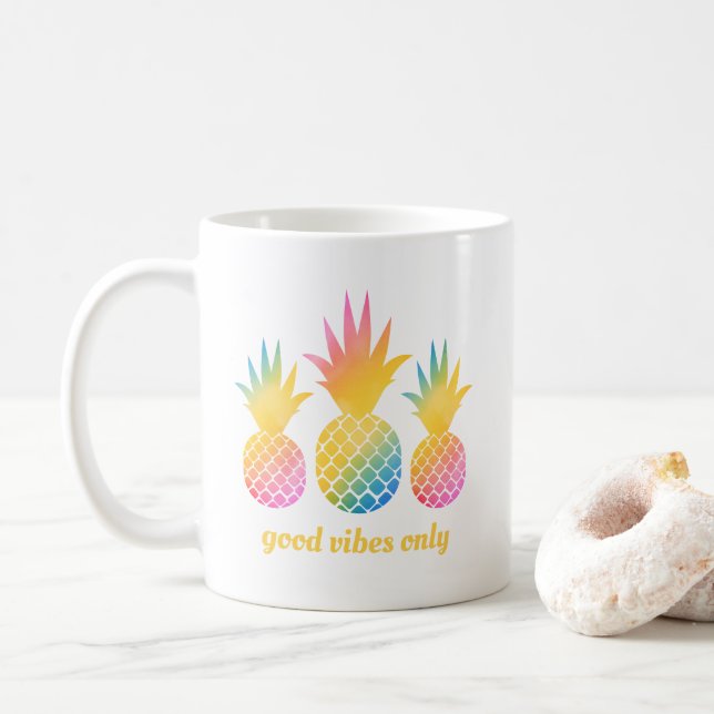 Good Vibes Only Pineapass Wasserfarbe Zitat Kaffeetasse (Mit Donut)