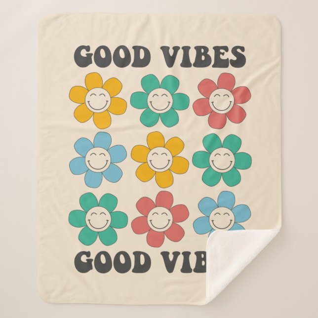 Good Vibes Retro farbenfrohe Daisy Blume Sherpadecke (Vorderseite)