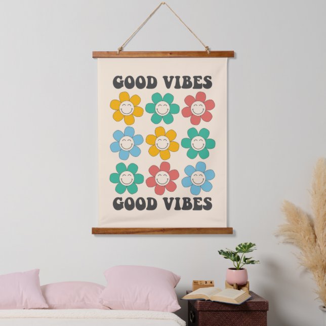 Good Vibes Retro farbenfrohe Daisy Blume Wandteppich Mit Holzrahmen (Schlafzimmer)