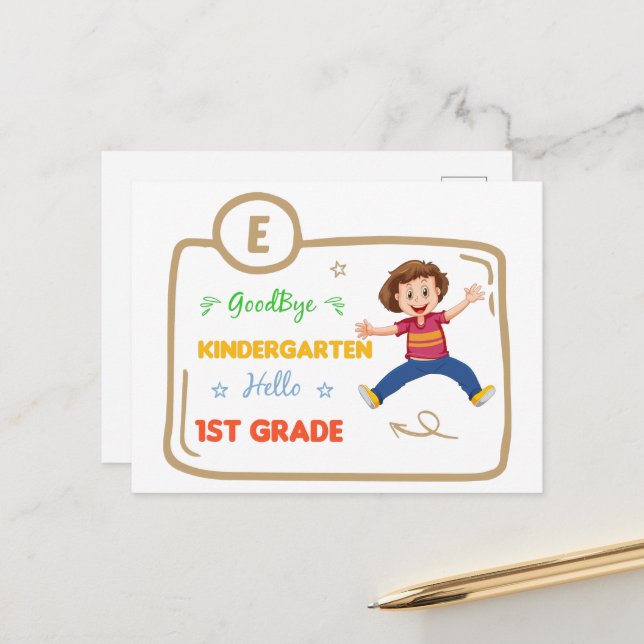 Goodbye Kindergarten Hallo 1. Klasse Postkarte (Vorderseite/Rückseite Beispiel)
