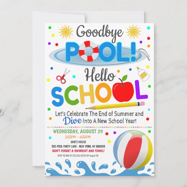 Goodbye Pool Hello School Party Invitation (Devant)