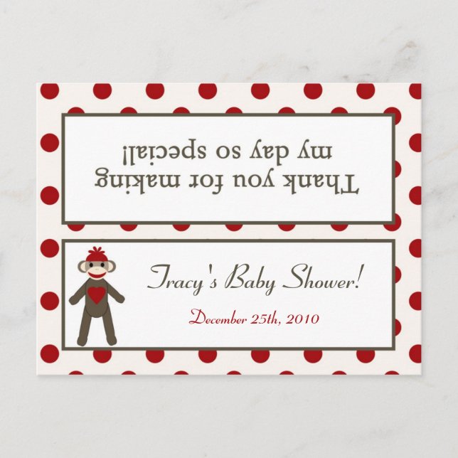 Goody Bag Topper Red Sock Monkey Einladungspostkarte (Vorderseite)