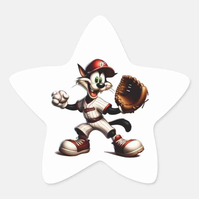 Goofy Cat Baseball Pitcher bricht auf Stern-Aufkleber (Vorderseite)