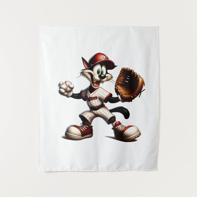 Goofy Cat Baseball Pitcher bricht auf Wandteppich (Vorderseite)