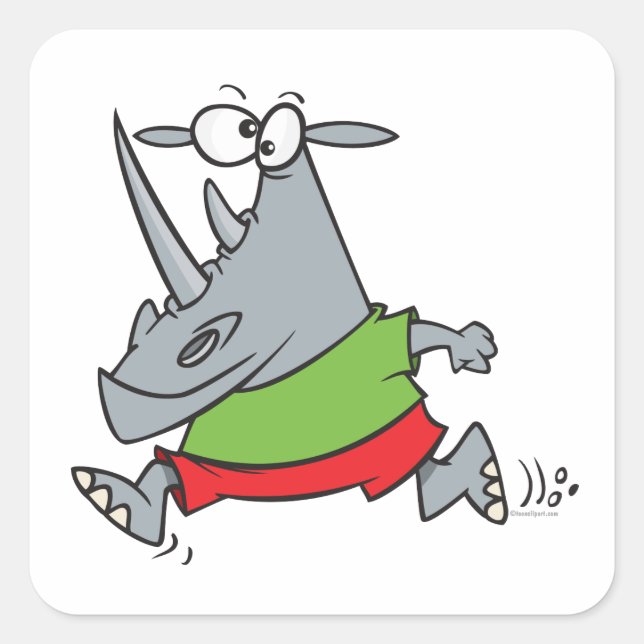 Goofy Laufjogger Rhino Cartoon Quadratischer Aufkleber (Vorderseite)
