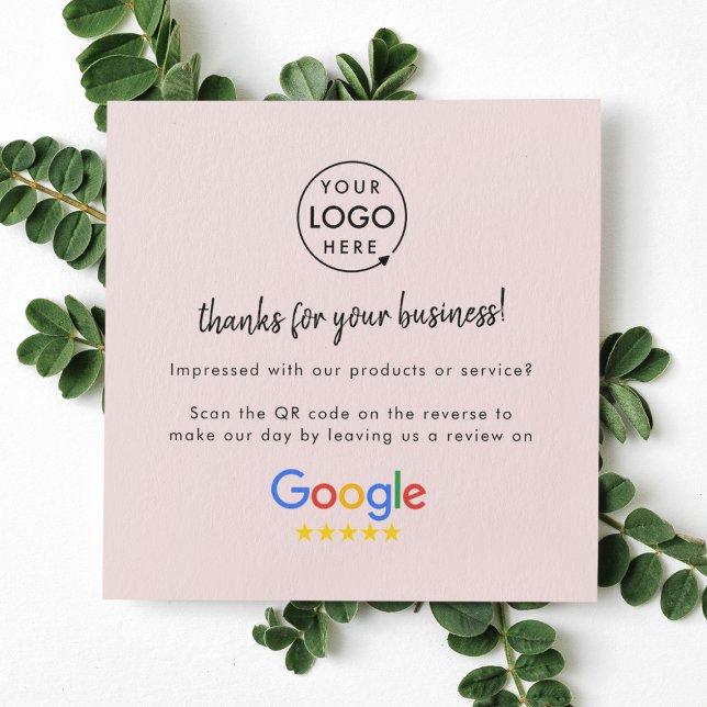 Google-Bewertungen | Business Review Us Blush Pink Quadratische Visitenkarte (Google Review interactive QR code cards branded with your company logo.)
