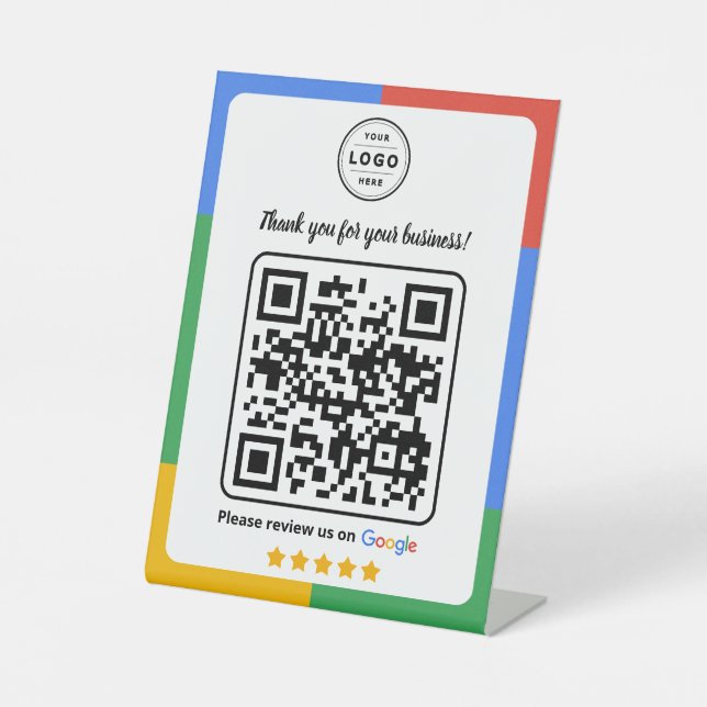 Google Review-Anfragekarte mit Logo und QR-Code Sockelschild (Vorderseite)