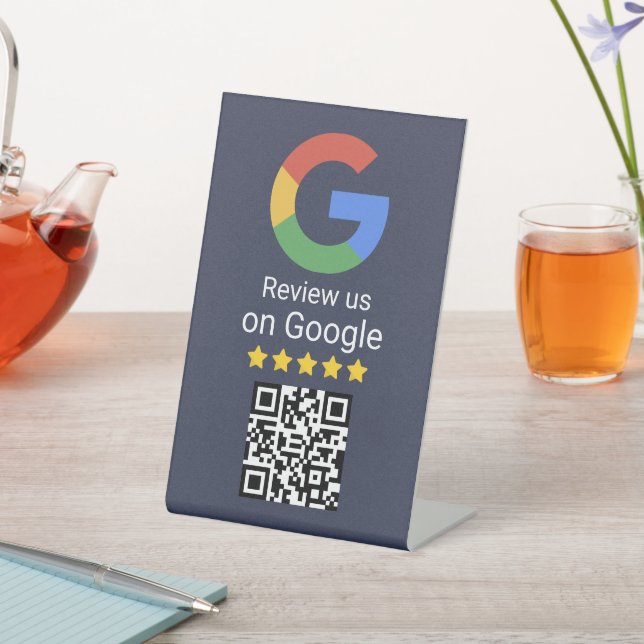 Google Review QR Code Blue Business Tabletop Sign Sockelschild (In SItu)