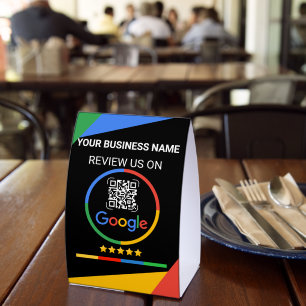 Google Review QR Code mit Sternen Schwarz Tischaufsteller