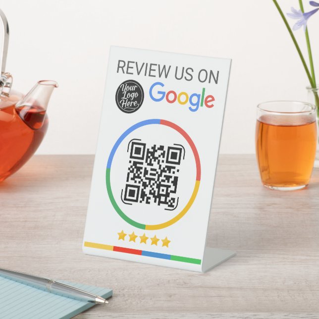 Google Review QR Code mit Sternen Weiß Sockelschild (In SItu)