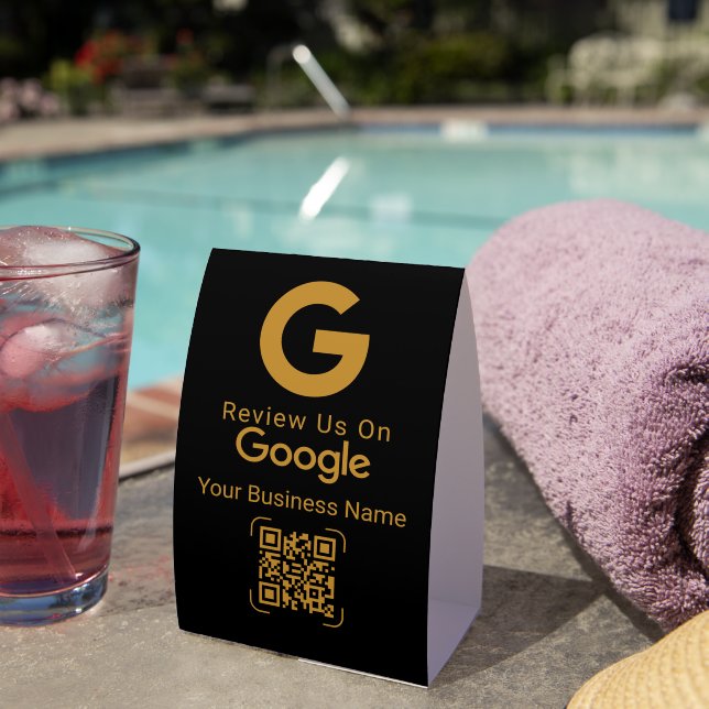 Google Review QR Code Schwarz Gold Tischaufsteller (In Situ (auf dem Tisch))